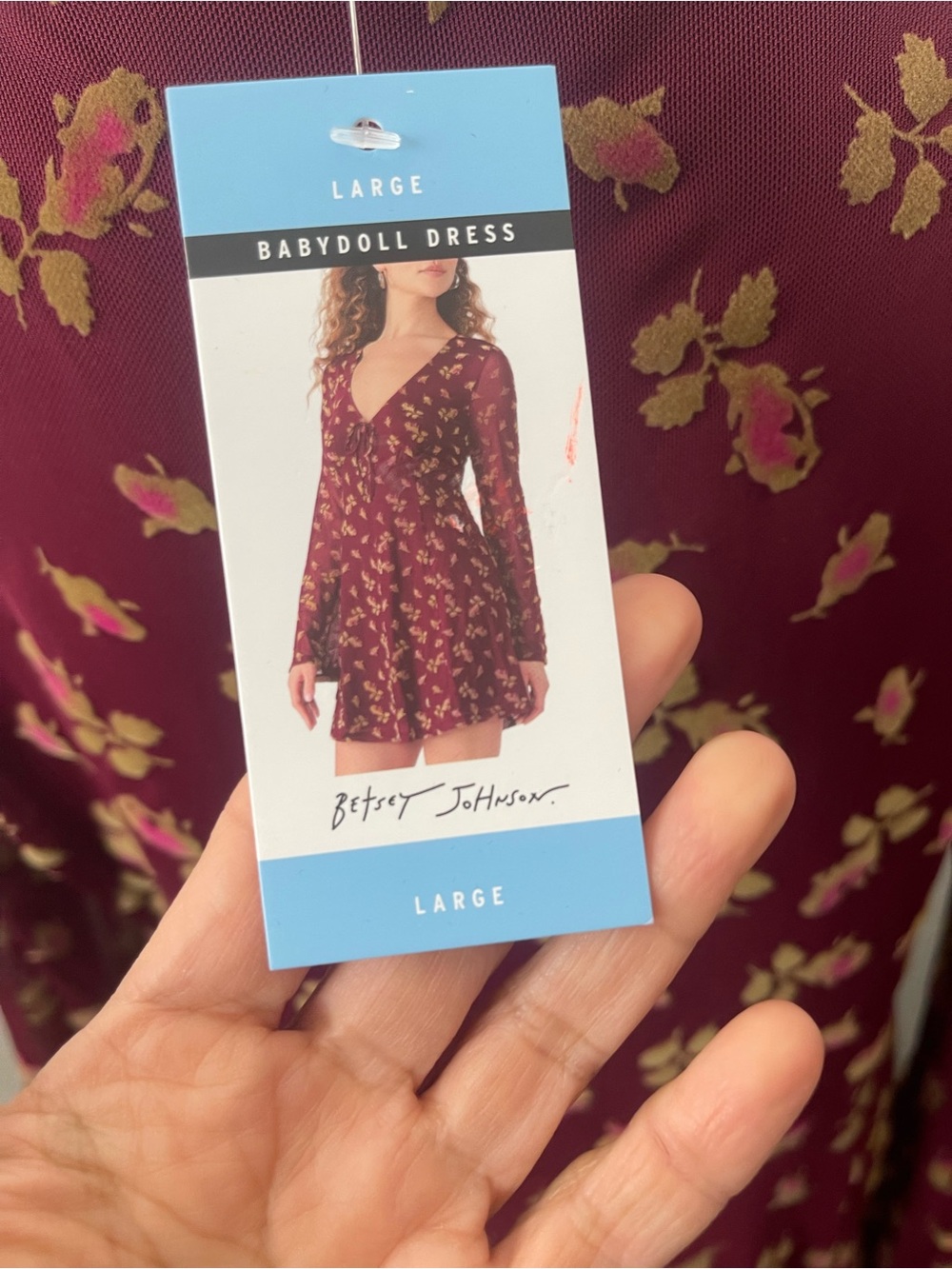 Betsey Johnson Burgundy Floral Long-Sleeve Mesh Midi Dress - Picture 6 of 8